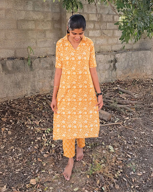 Mustard yellow cotton kurta set