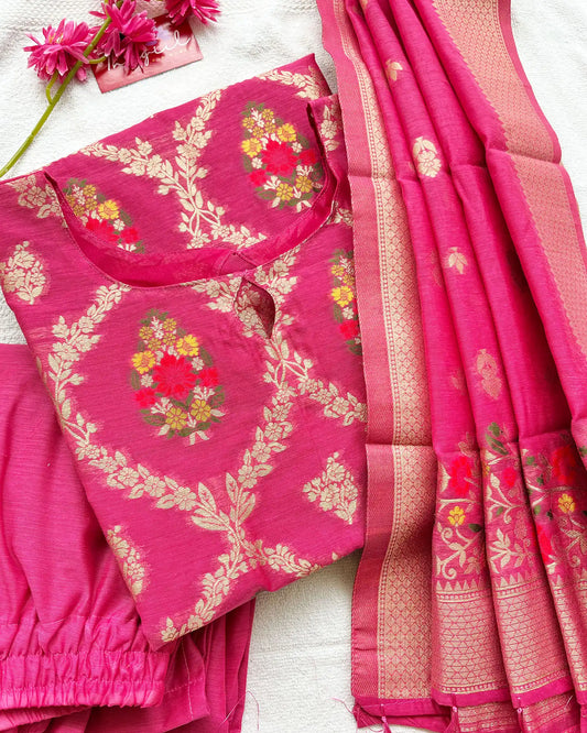 Hot Pink Banaras Cotton Kurta Set (Pre Order 10-15 days)