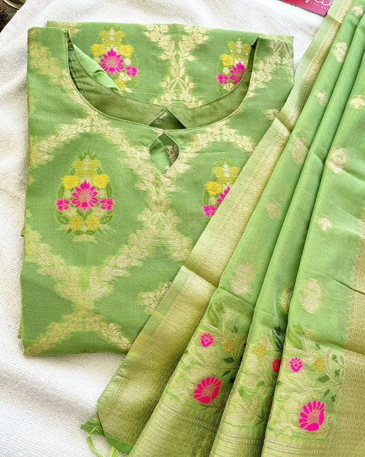 Parrot Green Silk Kurta Set (Kurta-Dupatta)