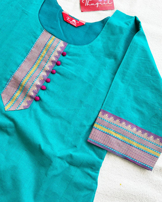 Blue Pink Mangalgiri Cotton Kurta Set