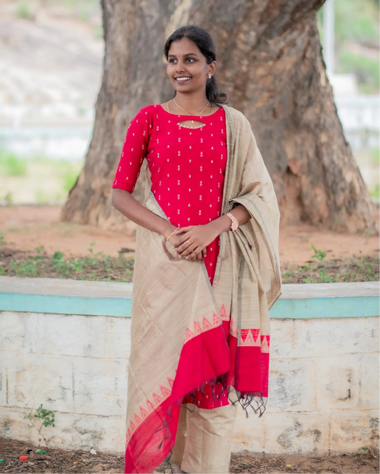 Red Lady Slub Silk Kurta Set