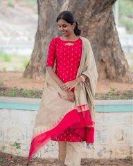 Red Lady Slub Silk Kurta Set