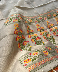 Beige Banaras Cotton Kurta Set (Top-Dupatta )