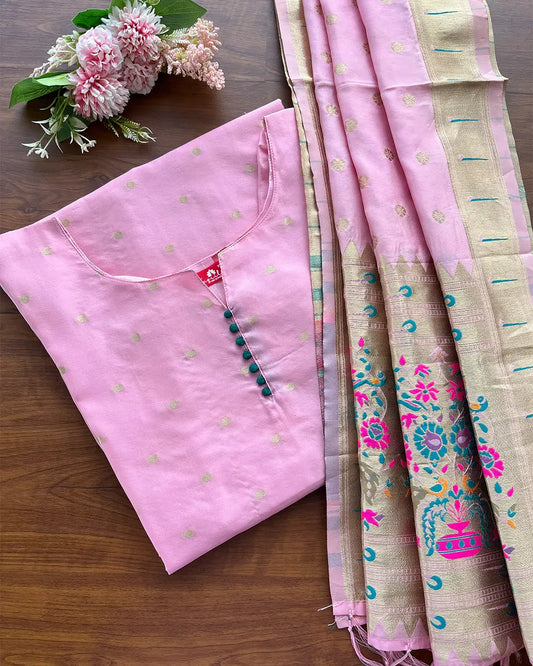 Misty Rose Art Banaras Silk Kurta Set (Top-Dupatta) (Pre Order 10-15 days)