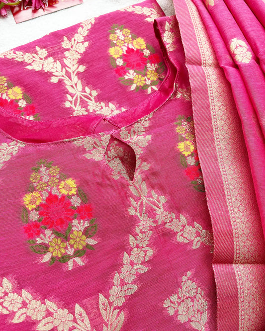 Hot Pink Banaras Cotton Kurta Set (Pre Order 10-15 days)