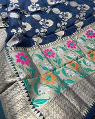 Midnight Blue Banaras Cotton Kurta Set (Top-Dupatta)