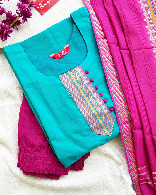 Blue Pink Mangalgiri Cotton Kurta Set
