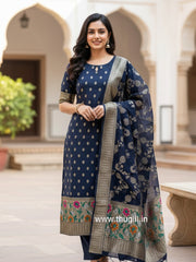 Midnight Blue Banaras Cotton Kurta Set (Top-Dupatta)