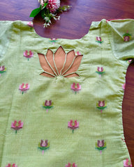 Pista Green Lotus Kurta Set (Top-Dupatta)