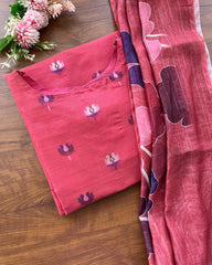 PinkRed Lotus Kurta Set (Top-Dupatta)