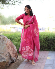 Pink linen kurta set 3 pc