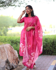 Pink linen kurta set 3 pc
