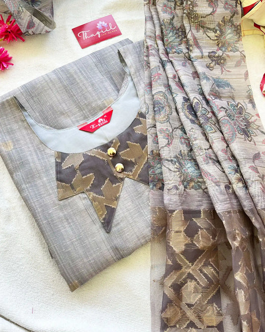 LUXE - Grey Jute Silk Kurta Set (Top-Dupatta)