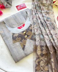 LUXE - Grey Jute Silk Kurta Set (Top-Dupatta)