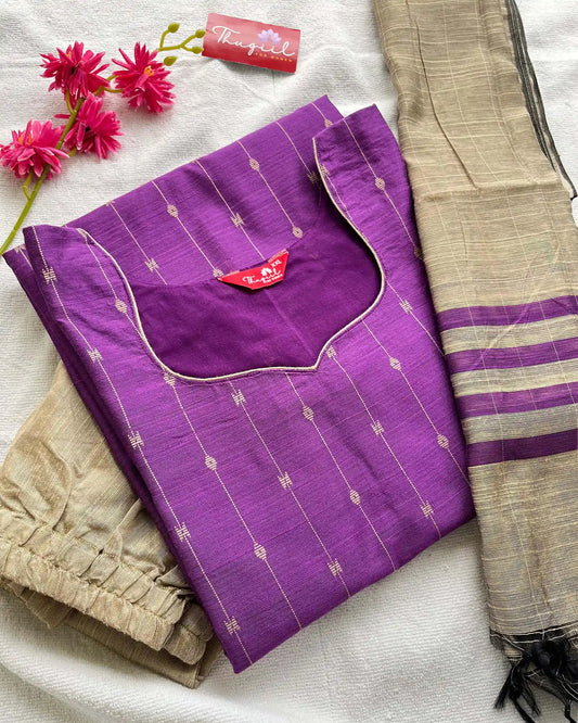 Violet slub silk kurta set