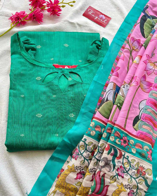 Sea green slub silk mix n match kurta set