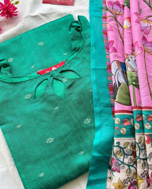 Sea green slub silk mix n match kurta set