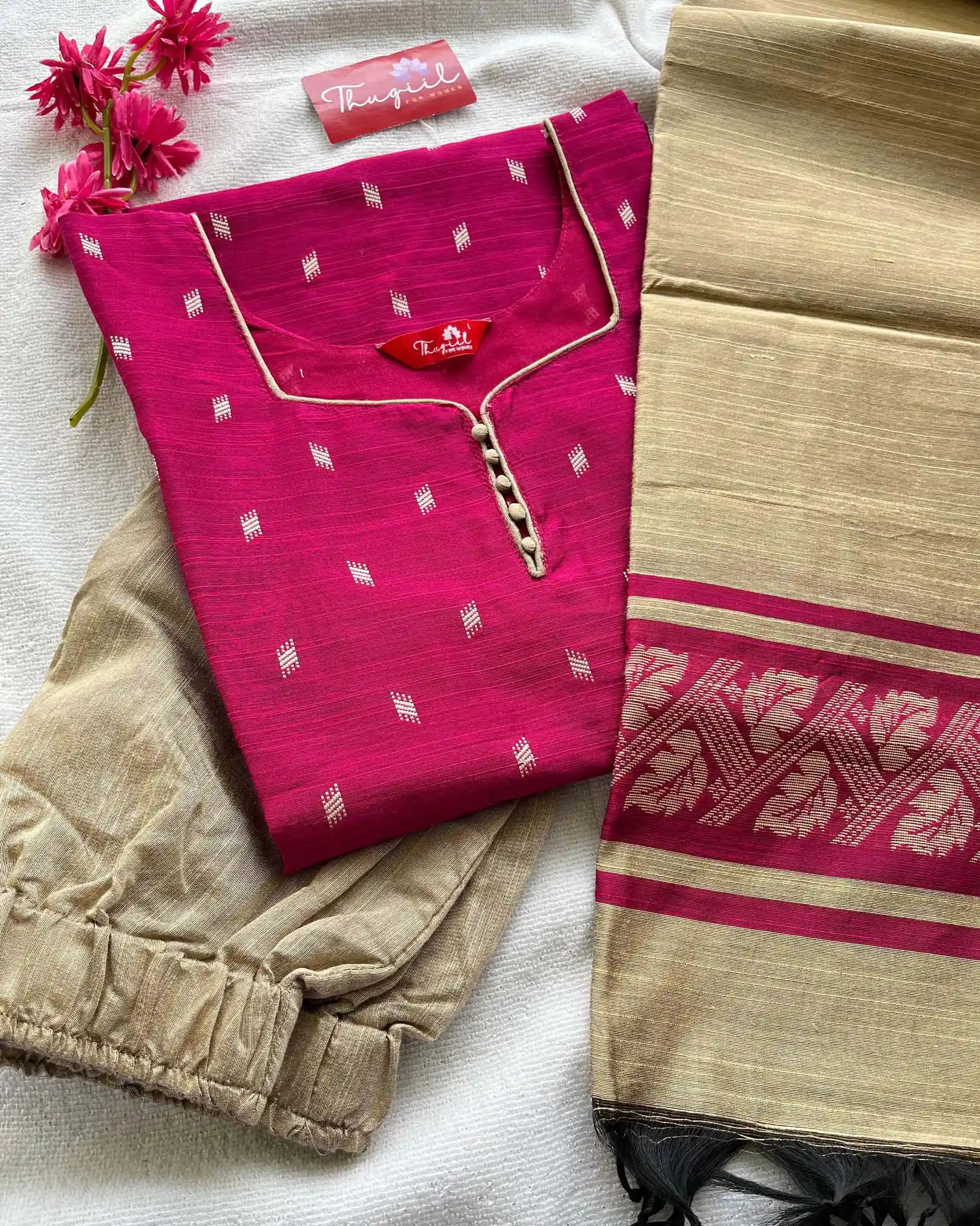 Pink Slub Silk Kurta Set