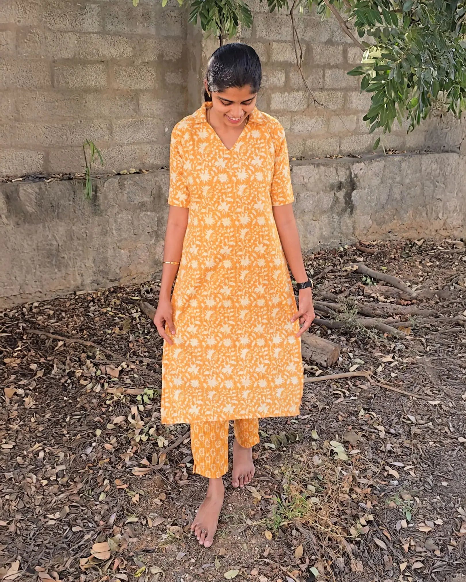 Mustard yellow cotton kurta set