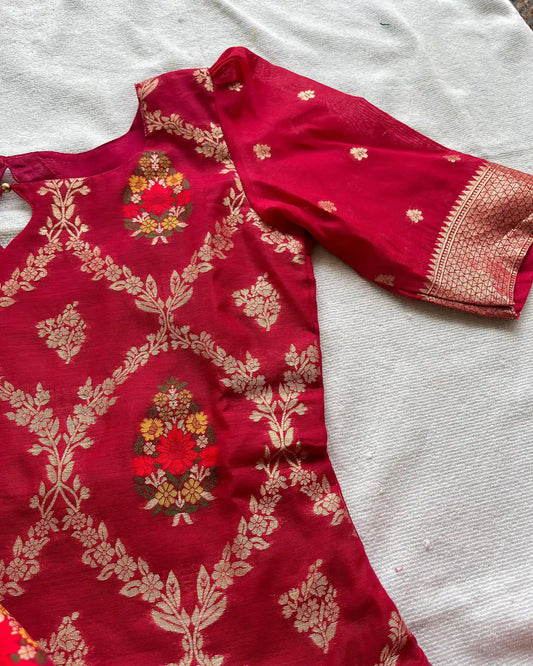 Rani pink banarasi cotton kurta set