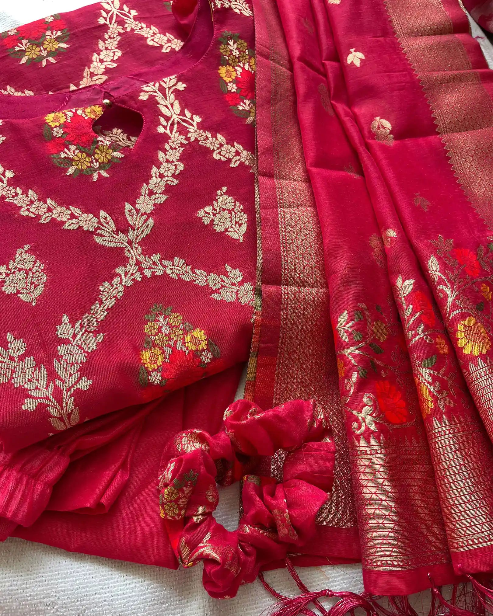 Rani pink banarasi cotton kurta set