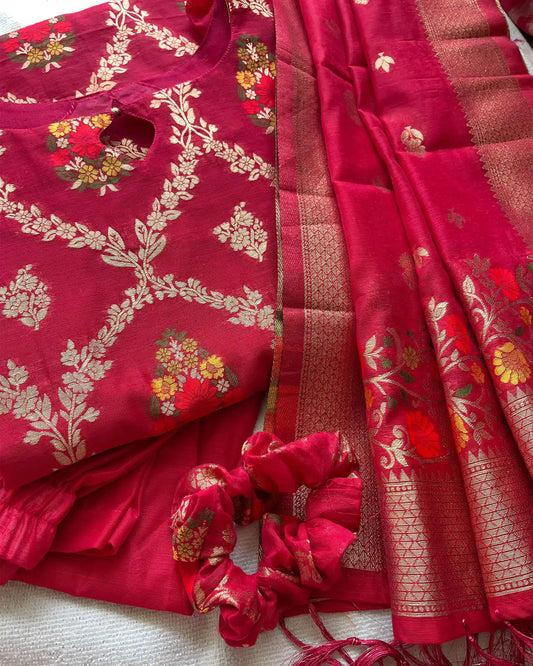 Rani pink banarasi cotton kurta set