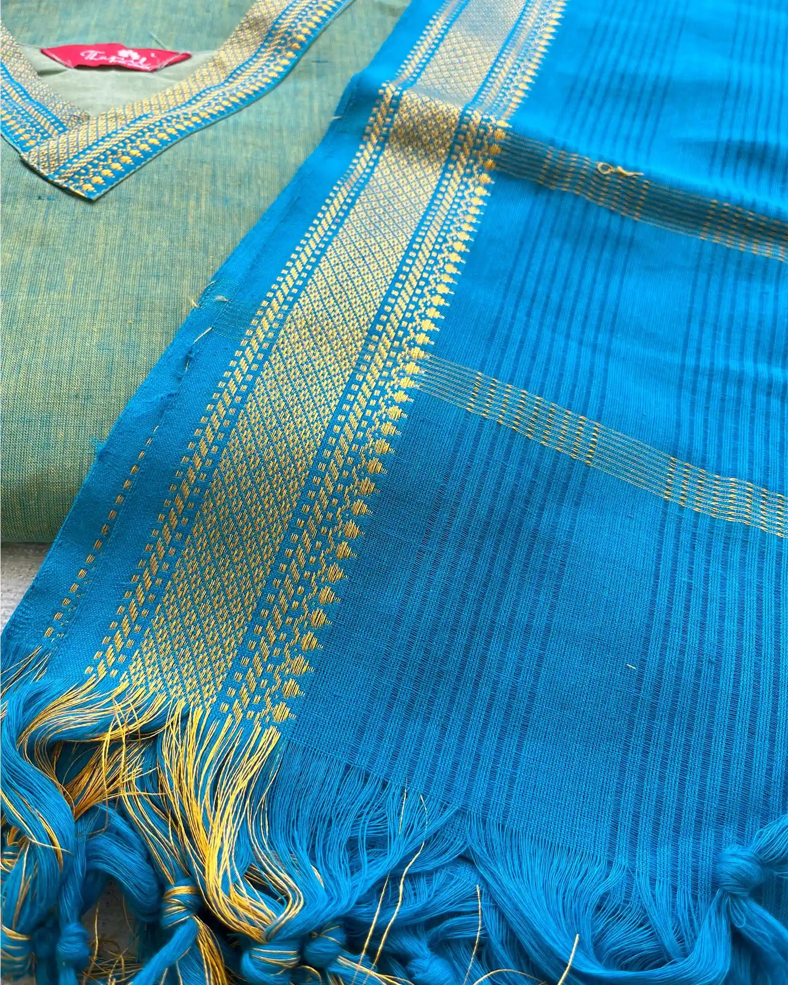Green - Blue Mangalgiri Cotton Kurta Set