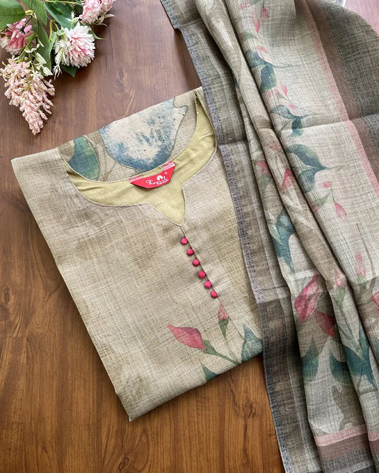 Olive Soft Tissue Silk Kurta Set (Top-Dupatta)