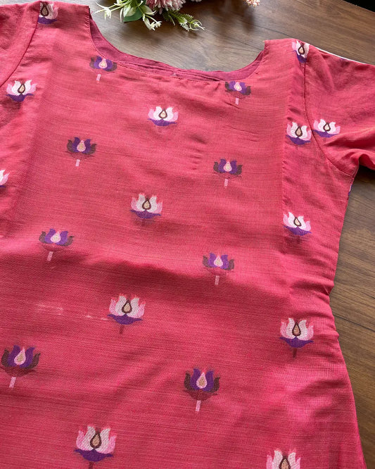 PinkRed Lotus Kurta Set (Top-Dupatta)
