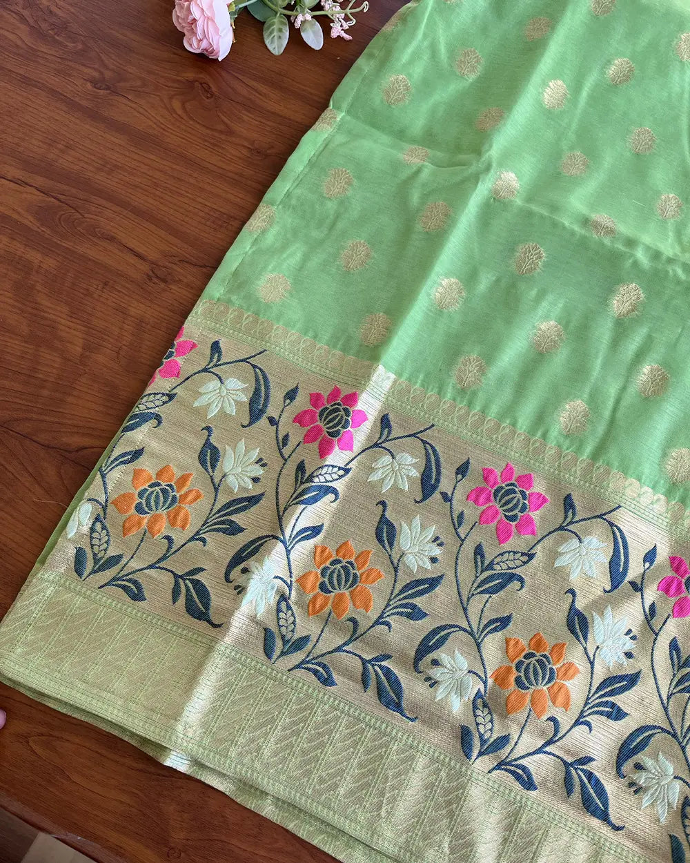 Green Cotton Banaras Kurta Set (Top-Dupatta)