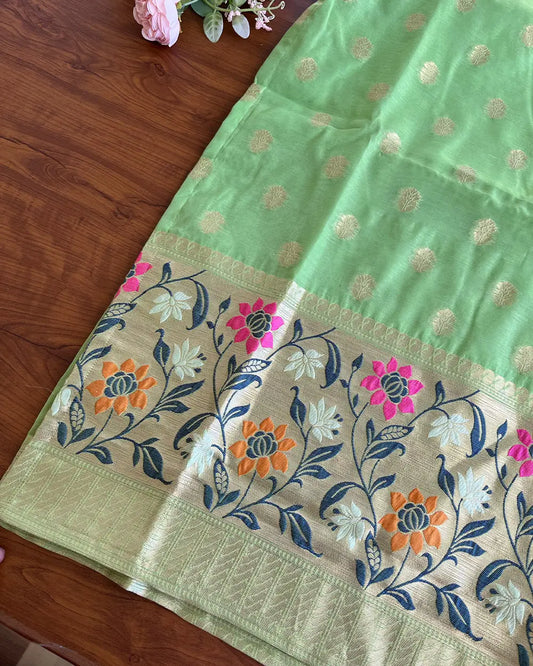 Green Cotton Banaras Kurta Set (Top-Dupatta)