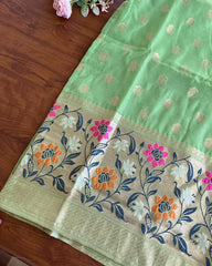 Green Cotton Banaras Kurta Set (Top-Dupatta)