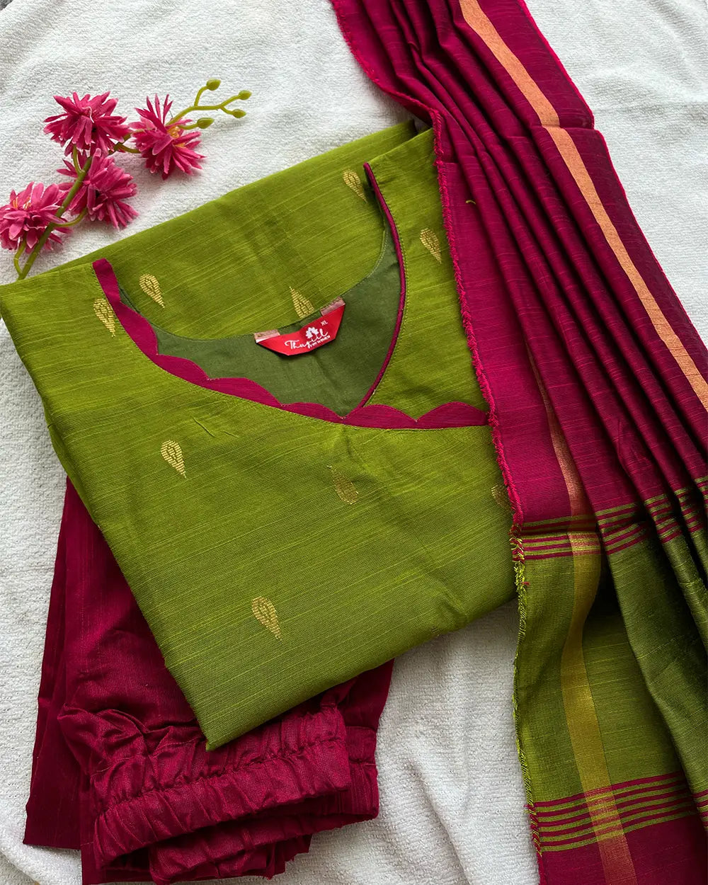 Green Slub Silk Kurta Set