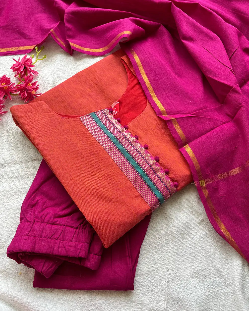 Orange Pink South Cotton Kurta Set