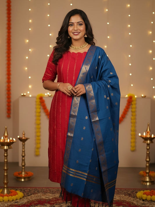 Royal Red Silk Kurta Set - 3 pc