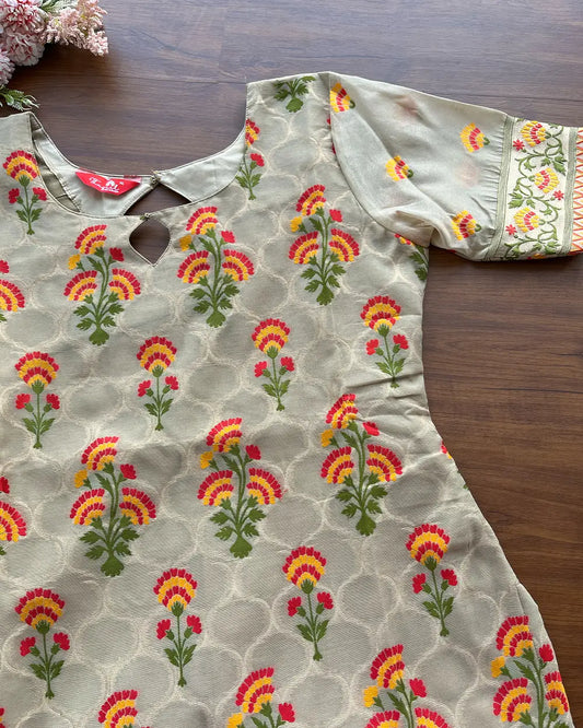 Beige Banaras Cotton Kurta Set (Top-Dupatta )