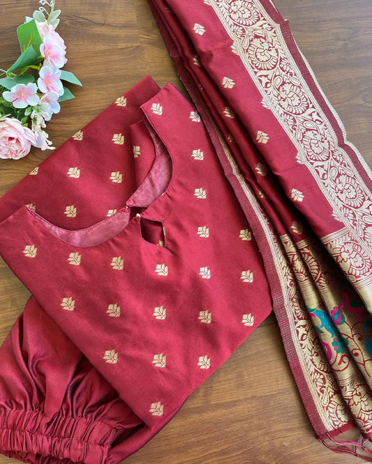 Maroon Banaras Set Silk Kurta set