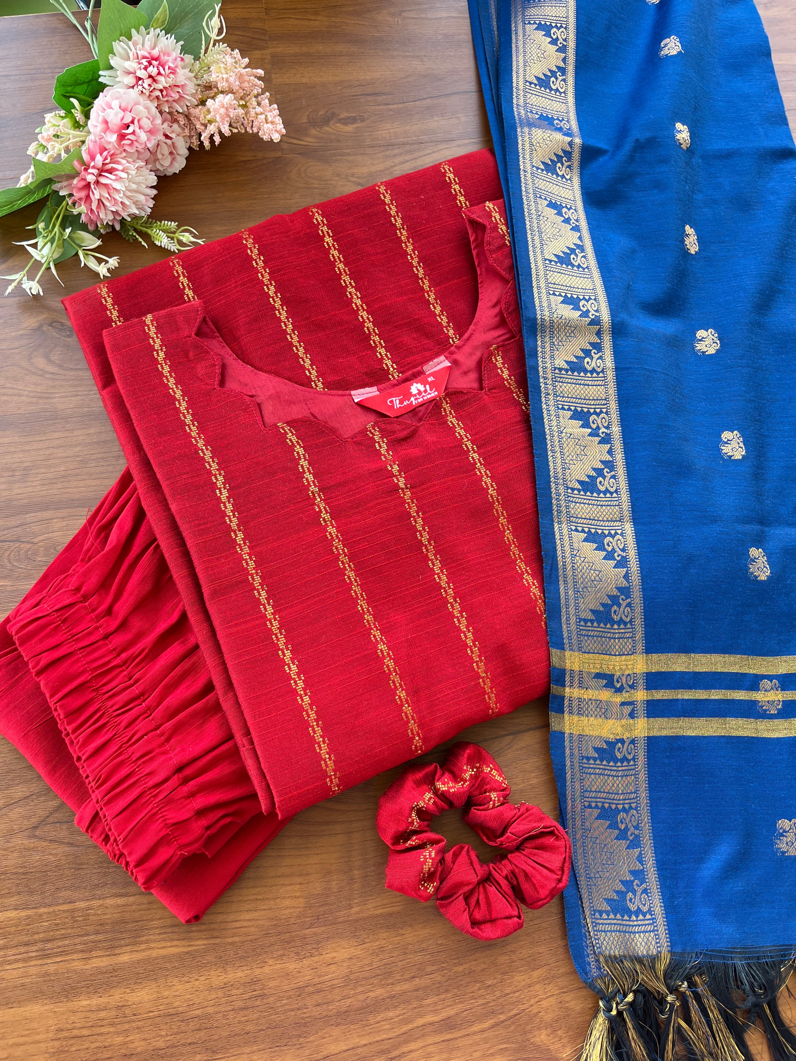 Royal Red Silk Kurta Set - 3 pc