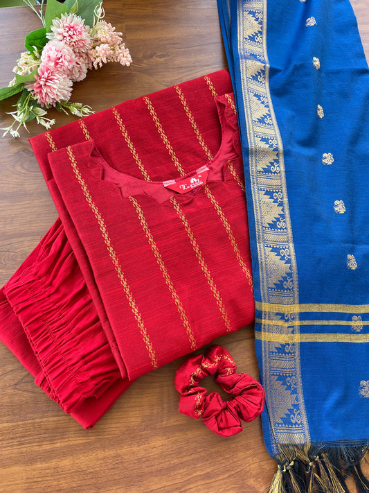 Royal Red Silk Kurta Set - 3 pc