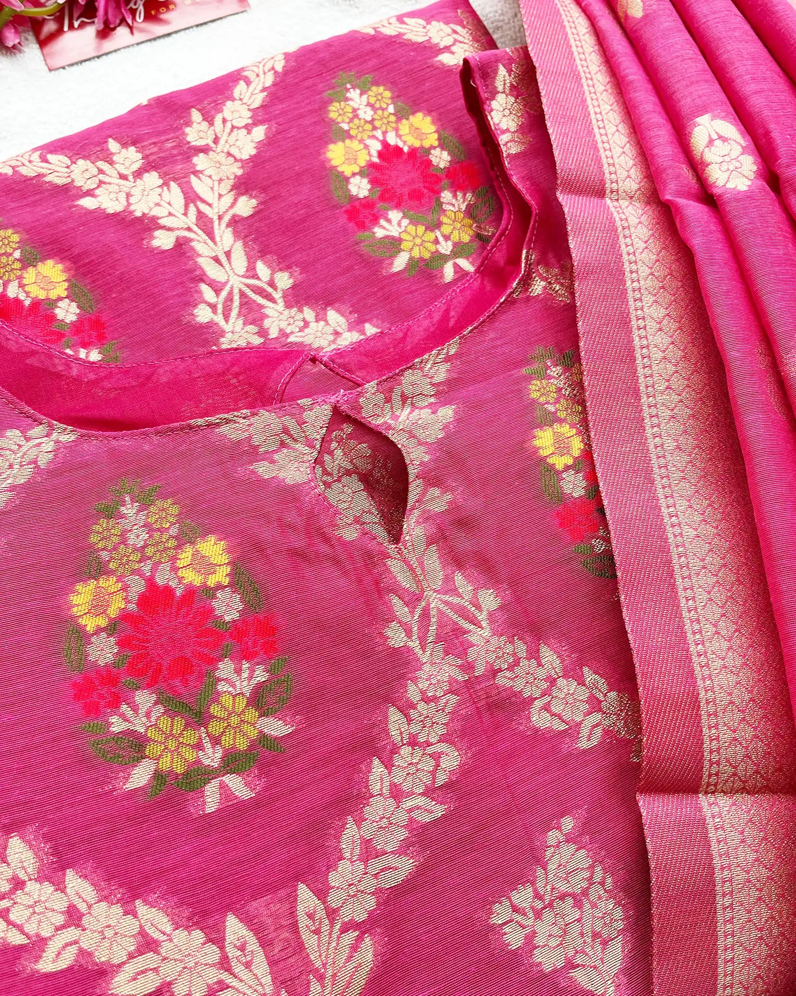 Hot Pink Banaras Cotton Kurta Set (Pre Order 10-15 days)