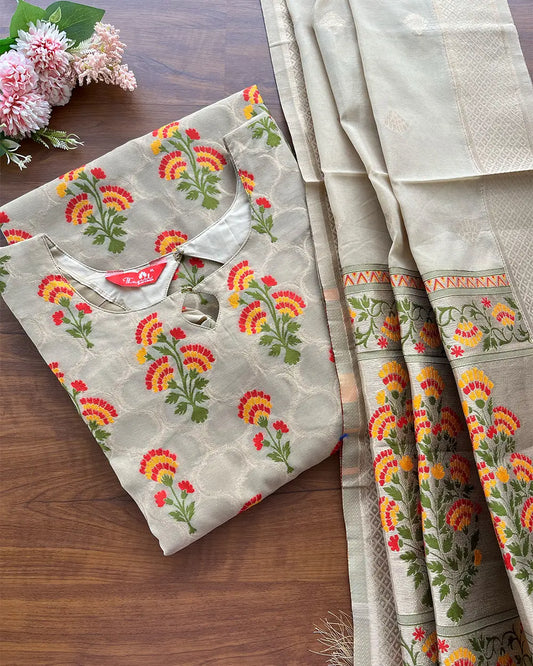 Beige Banaras Cotton Kurta Set (Top-Dupatta )