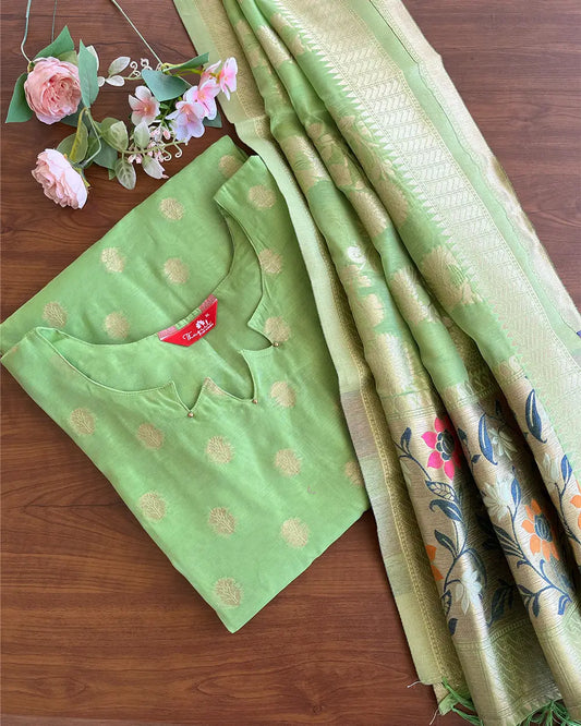 Green Cotton Banaras Kurta Set (Top-Dupatta)