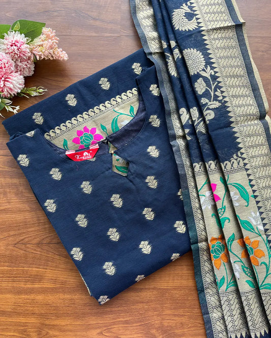 Midnight Blue Banaras Cotton Kurta Set (Top-Dupatta)