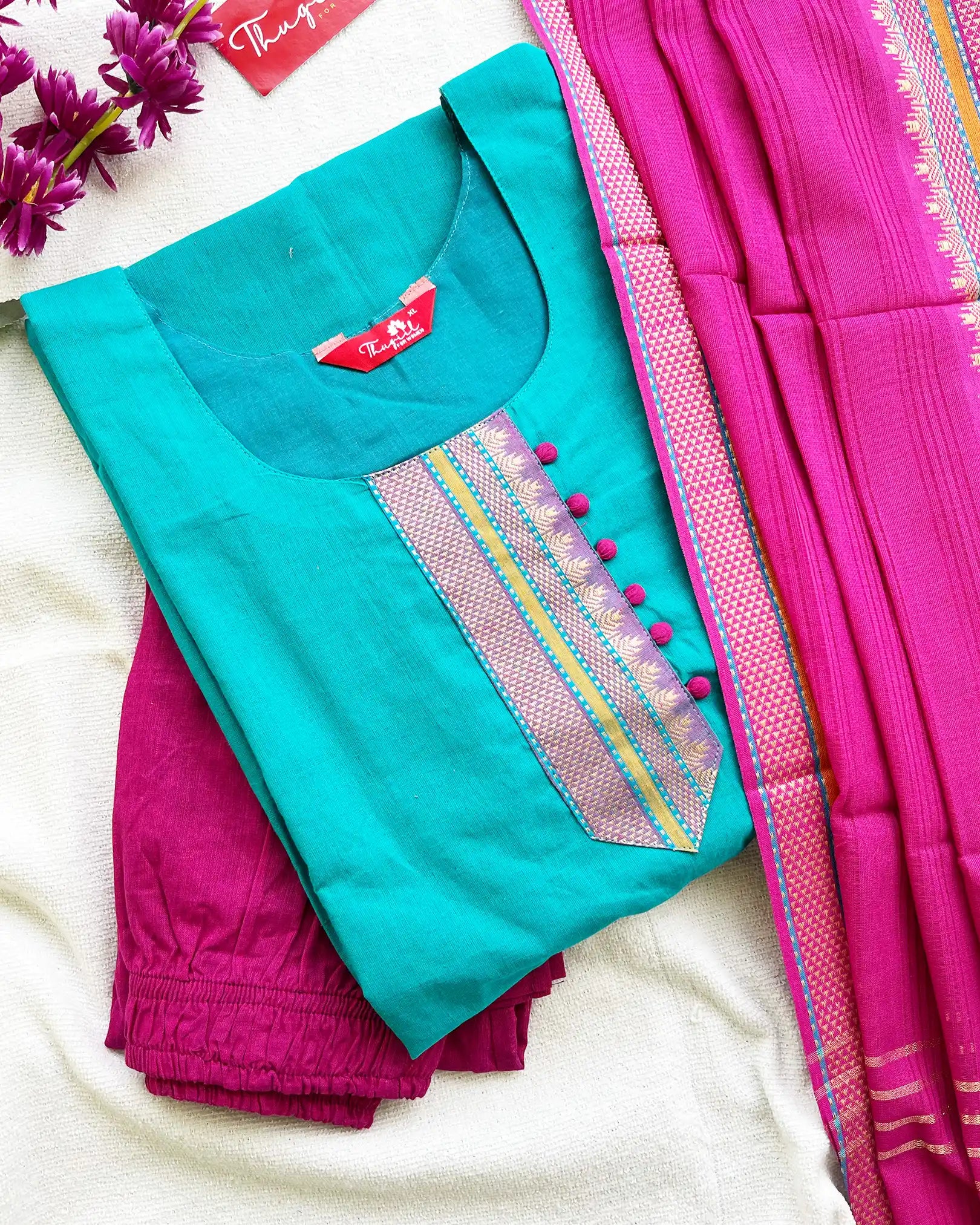 Blue Pink Mangalgiri Cotton Kurta Set