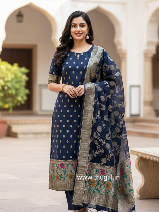 Midnight Blue Banaras Cotton Kurta Set (Top-Dupatta)