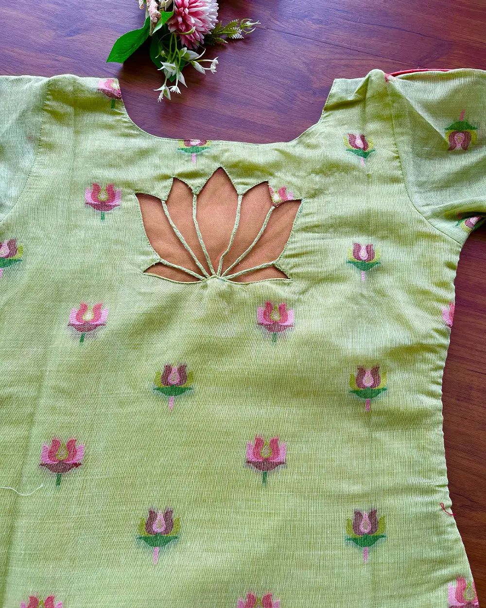 Pista Green Lotus Kurta Set (Top-Dupatta)