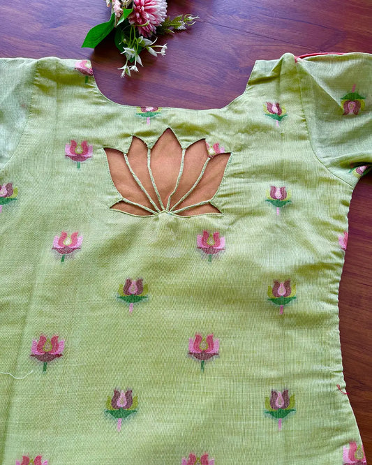 Pista Green Lotus Kurta Set (Top-Dupatta)
