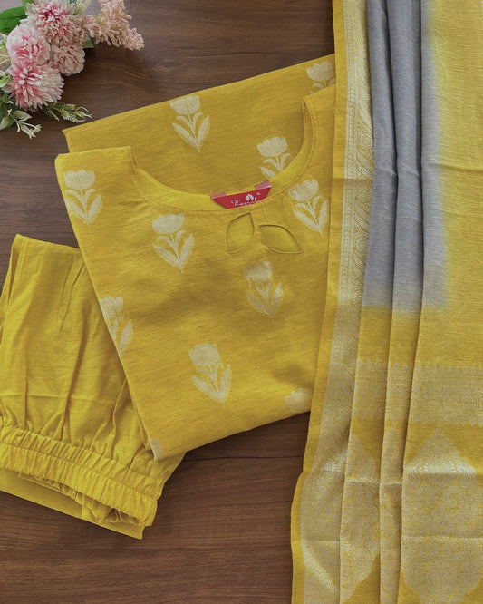 Yellow-Grey Pure Linen Kurta Set (Pre order 15-20 days)