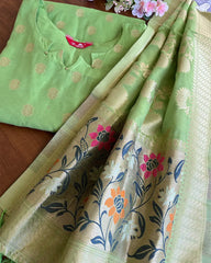 Green Cotton Banaras Kurta Set (Top-Dupatta)