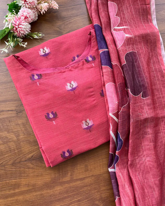 PinkRed Lotus Kurta Set (Top-Dupatta)